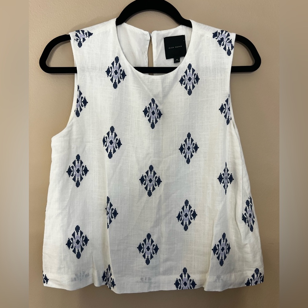 Alex Marie White Tank Top with Navy Diamond Print